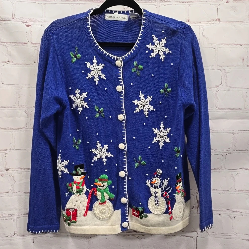 Victoria Jones Holiday Snowman Embelished Cardigan Sweater Blue and White Size S